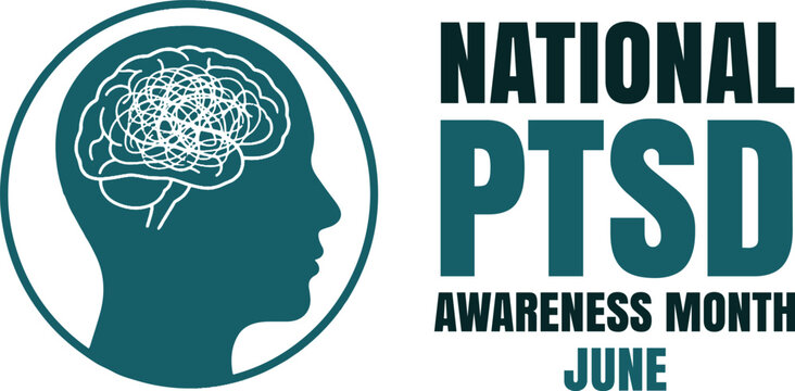 PTSD awareness month illustration featuring a human head profile with a chaotic brain symbol inside for mental health support and psychological trauma recovery medical campaign