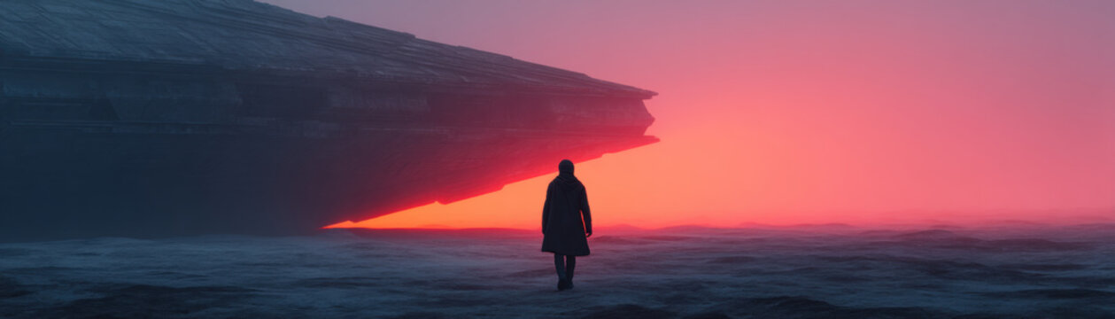 Astronaut alien spacecraft discovery abandoned sci fi mysterious dark fog silhouette Lone astronaut near abandoned alien spacecraft, walking