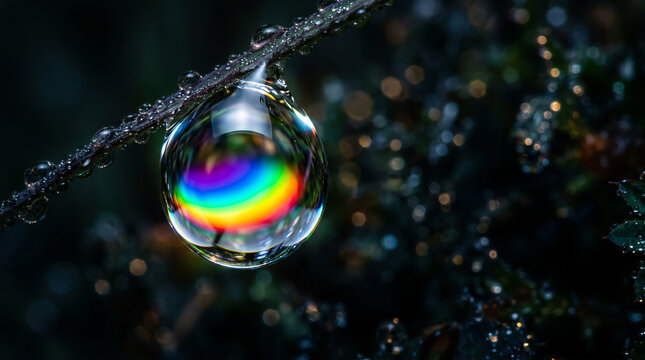 Macro Water Droplet with Rainbow Prismatic Reflection Hanging on Branch &mdash; Nature Science Abstract with Dark Bokeh Background
