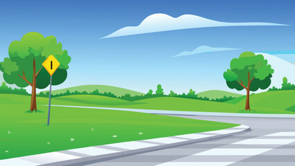 Cartoon landscape with winding road and warning sign © PUNNABEGUM