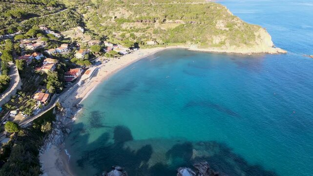 Aerial view of Elba Island. Cavoli Beach and Southern Coastline in summer season. Drone viewpoint