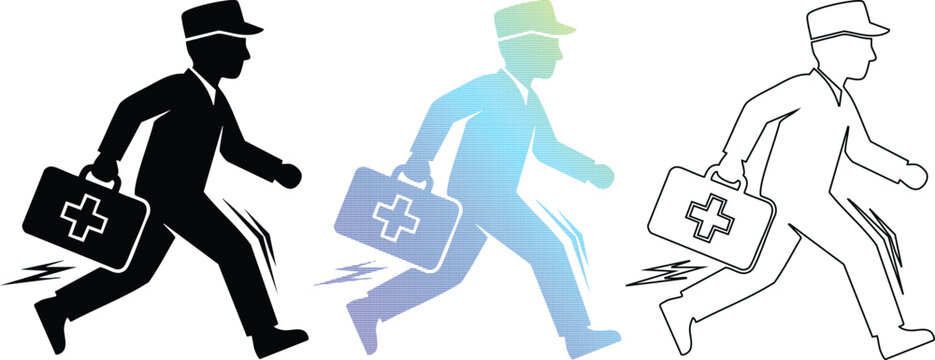 Emergency medical technician running with first aid kit, paramedic silhouette icons, fast response healthcare professional vector set
