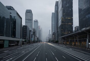 Fototapeta premium Quieted Multi-Lane Road in a Modern Metropolis Under a Cloudy Sky