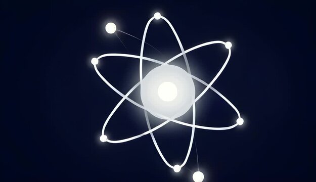 Flat 2D vector animation of electrons orbiting atomic nucleus