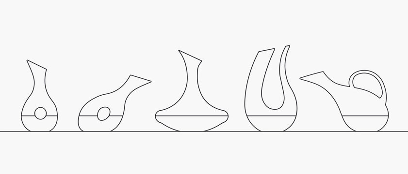 A minimalist set of linear outlines of various wine glassware on a white background. Featuring clean silhouettes of decanters, carafes, vases, and abstract bottles in a modern graphic style.