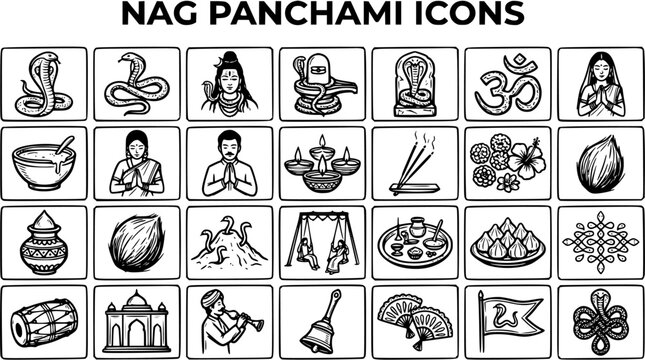 Nag Panchami Icons: Religious Hindu Symbols in Black and White Line Art Style