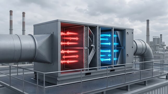 Industrial Commercial HVAC Heating Ventilation Air Conditioning Cooling System Unit on Building Rooftop with Red Blue Glowing Elements Ducts, Climate Control Engineering