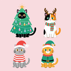 Cute Christmas cats vector set with black cat christmas tree calico cat with scarf grey tabby in santa hat and orange tabby elf © Ayu