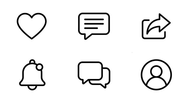 Social media interaction icon set in minimalist line art. Features core interface elements: love heart, comment text bubble, share arrow, notification bell, and user profile avatar.