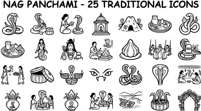 Nag Panchami Traditional Icons Set - Black and White Line Art for Hindu Festival Celebrations