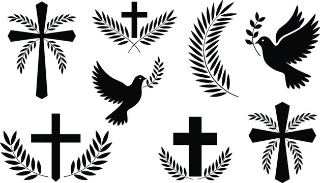 Set of black religious silhouettes featuring crosses and flying doves against a bright white background for solemnity.