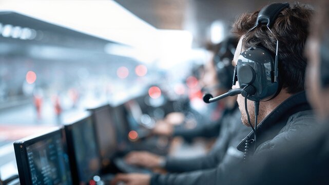 Formula racing engineer using communication headset at pit wall station.