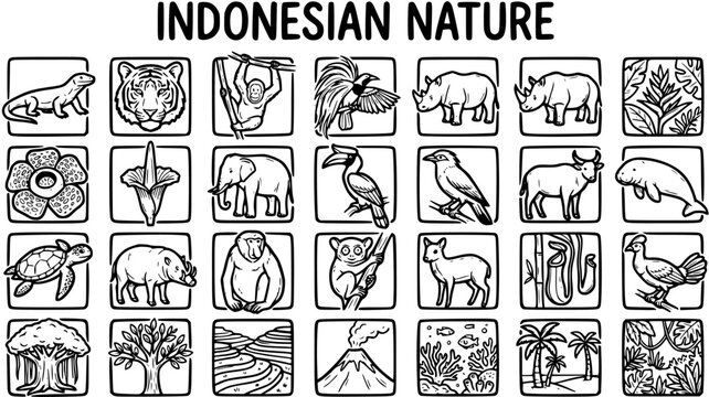Indonesian Nature Black  White Line Art Icons. Wildlife, endemic animals, plants, and landscapes of Indonesia: Komodo, tiger, rhino, orangutan, Rafflesia, volcanoes, rice terraces.