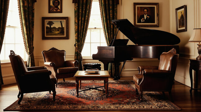Elegant old living room has grand piano, leather armchairs, ornate rug, and artwork. Warm light fills space with antique furniture. Cozy home interior.
