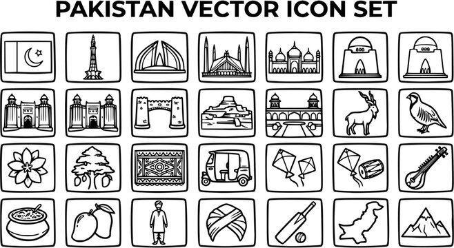 Pakistan Vector Icon Set: National Symbols, Landmarks, Culture, Food, Wildlife, Black and White Line Art