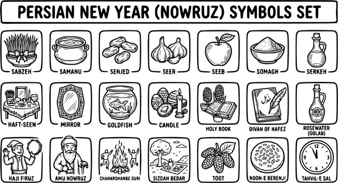 Persian New Year Nowruz Symbols Set Line Art Black White for Holiday Celebration
