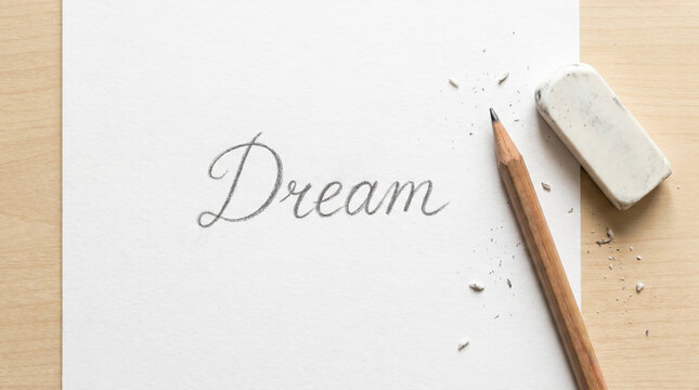 A pencil and eraser lie next to the word Dream written in cursive on paper