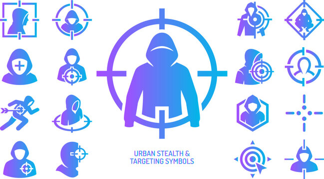 Urban stealth targeting symbols set hooded figures crosshairs and abstract elements gradient blue purple.