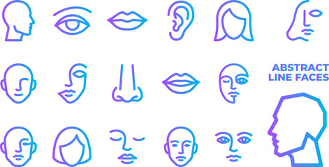 Abstract line faces icons purple blue gradient human profile portrait head art symbol. © BM