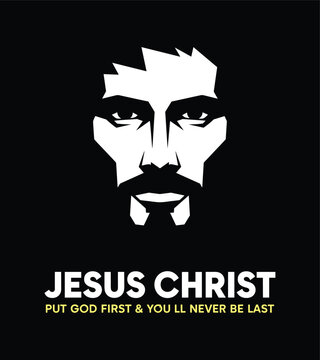 Minimalist graphic portrait of Jesus Christ presenting motivational religious text on a dark background with dramatic lighting.