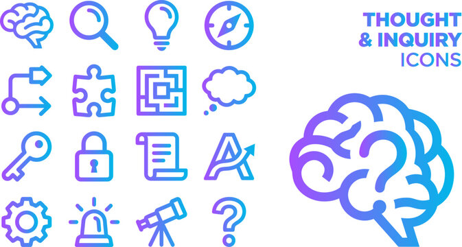 Thought and inquiry icons brain idea search lightbulb compass puzzle maze key lock document abstract thinking process.