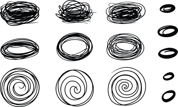 Black hand-drawn ink scribbles and messy circular tangles expressing frantic chaos and brainstorming on a clean white background.