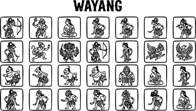 Wayang shadow puppets in black and white line art, Indonesian cultural illustration, traditional art