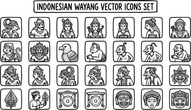Indonesian Wayang Vector Icons Set - Traditional Culture and Art Black and White Line Art