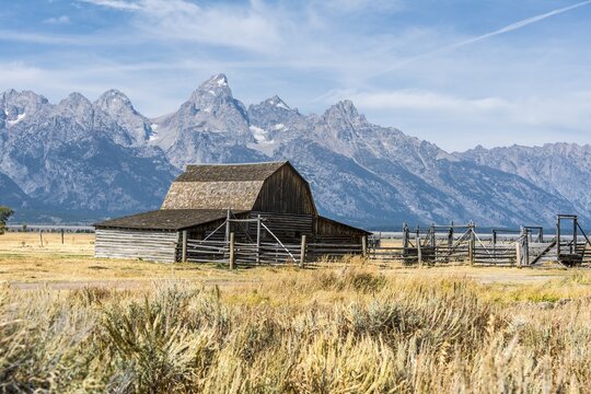 Historic old barn in front of the Teton Range, T.A. Moulton Barn, Mormon Row Historic District, Grand Teton National Park, Wyoming, USA