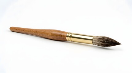 Fototapeta premium Single Wooden Paintbrush Resting on White Studio Background