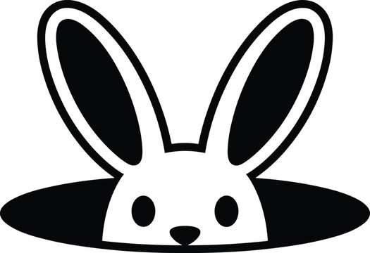 Cute minimalist black and white vector illustration of a curious bunny peeking out of a hole in bright clean lighting.