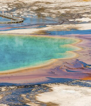 Colored mineral deposits at the edge sr steaming hot spring, detail photo, Grand Prismatic Spring, Midway Geyser Basin, Yellowstone National Park, Wyoming, USA