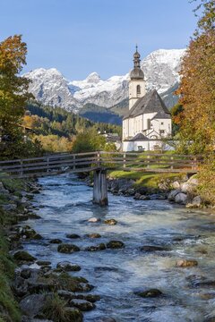 Parish church St. Sebastian with Ramsauer Ache, Ramsau, Berchtesgaden area, Bavaria, Germany