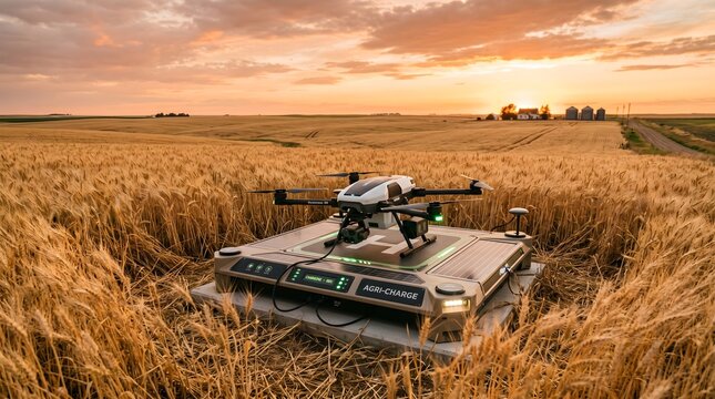 Agri-drone Charging Dock: A modular drone charging landing pad situated in a vast golden wheat field, a smart agricultural quadcopter docked on it, sunset light.