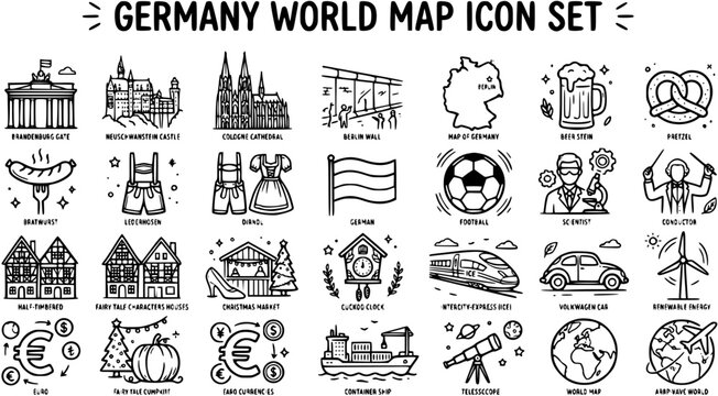 Hand-drawn Black  White Line Art Germany World Map Icon Set. Doodle Symbols of German Travel, Culture, Landmarks, Food  Economy.