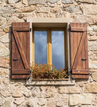 Windows with brown shutters, Piana, Corsica, France