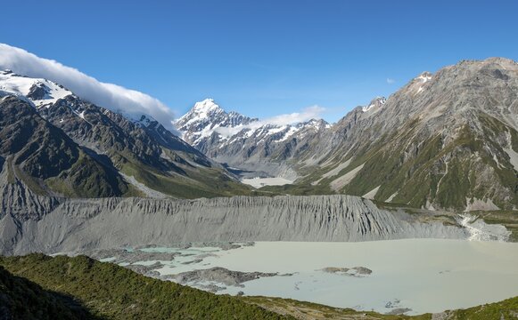 View of Hooker Valley with Mueller Lake, Hooker Lake and Mount Cook, Sealy Tarns Track, Hooker Valley, Mount Cook National Park, Southern Alps, Canterbury, South Island, New Zealand