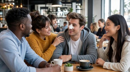 Fototapeta premium Diverse group of friends supporting man with nose bandage in cafe