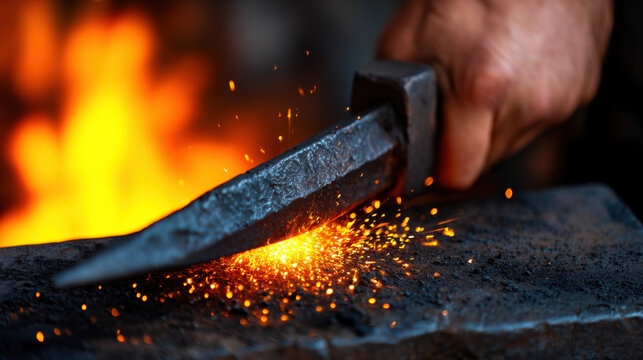 Blacksmith forging sword anvil sparks hammer hot metal fire workshop artisan blacksmith forging sword anvil with sparks flying, hot metal glowing