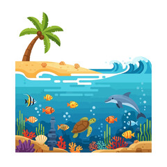 Obraz premium Cartoon Ocean Life: Dolphin, Fish, Turtle, Palm Tree and Underwater Scene