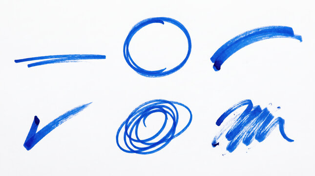 A collection of six blue marker strokes including a checkmark circle and scribble