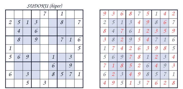 Hyper Sudoku puzzle example with completed and partially filled grids. Learning game with digits for kids and enjoyable leisure for grown-ups