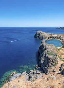 Rocky coast and Paulus Bay, view from the Acropolis, Lindos, Rhodes, Doedekanes, Greece