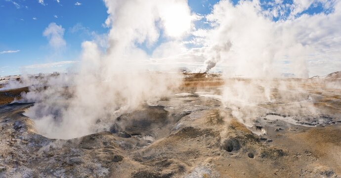 Steaming hot springs, geothermal area Hverar&ouml;nd, also Hverir or Namaskard, Northern Iceland, Iceland