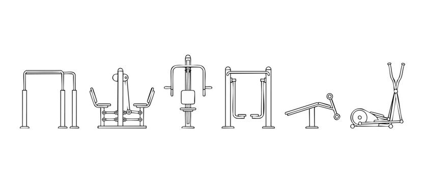 Gym Equipment Line Icons Set for Fitness Training and Workout Centers. Vector illustration of sport machines, elliptical trainer, weight bench and dip station for exercise layout design and health con