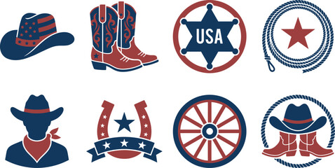 American western cowboy icons set with hat boots and rope isolated on white background © AhammadMiran99