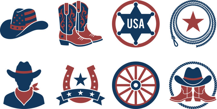 American western cowboy icons set with hat boots and rope isolated on white background