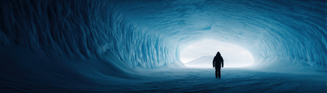 Iceberg cave frozen blue texture ice tunnel arctic landscape lone explorer cinematic light silhouette walking through massive glacier cave toward
