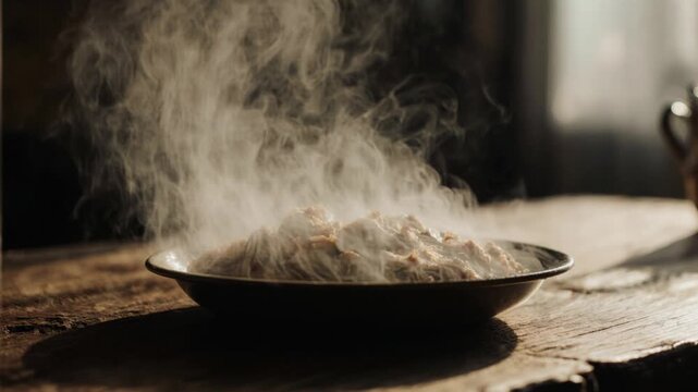 Steam rises from a bowl of freshly prepared hot food served in a dark rustic setting.