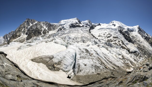 La Jonction, glacier tongue, Glacier des Bossons meets Glacier de Taconnaz, summit of Aiguille du Midi, Mont Maudit, Mont Blanc and Aiguille de Bionnassay, Chamonix, Haute-Savoie, France